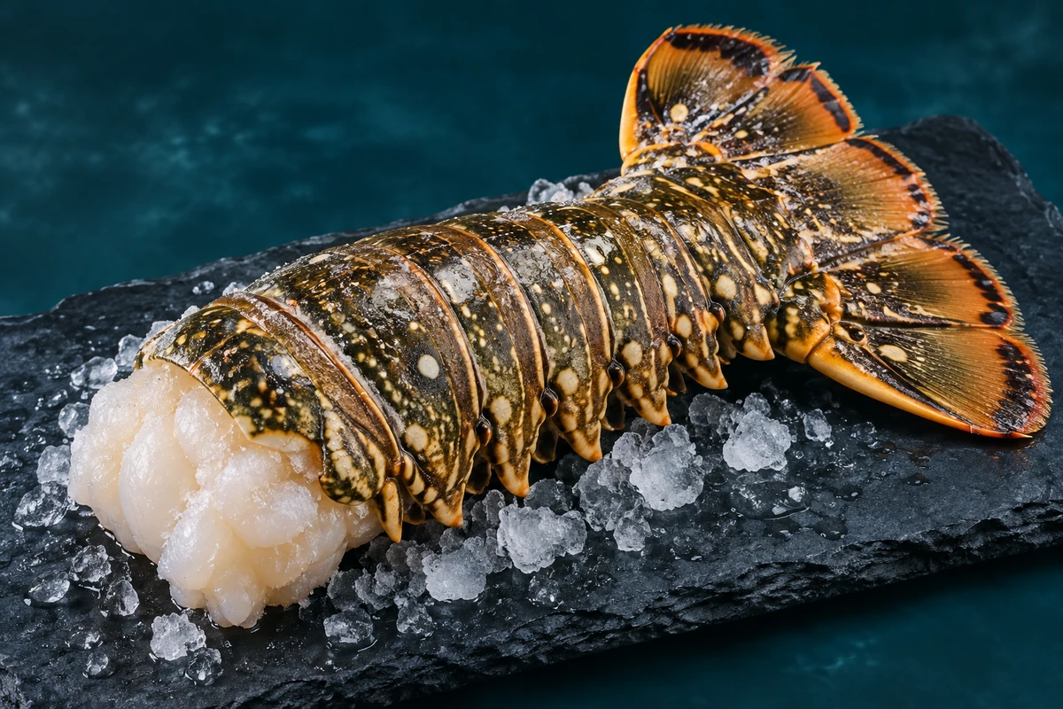 Illustration of a frozen Caribbean spiny lobster tail with a patterned shell resting on ice